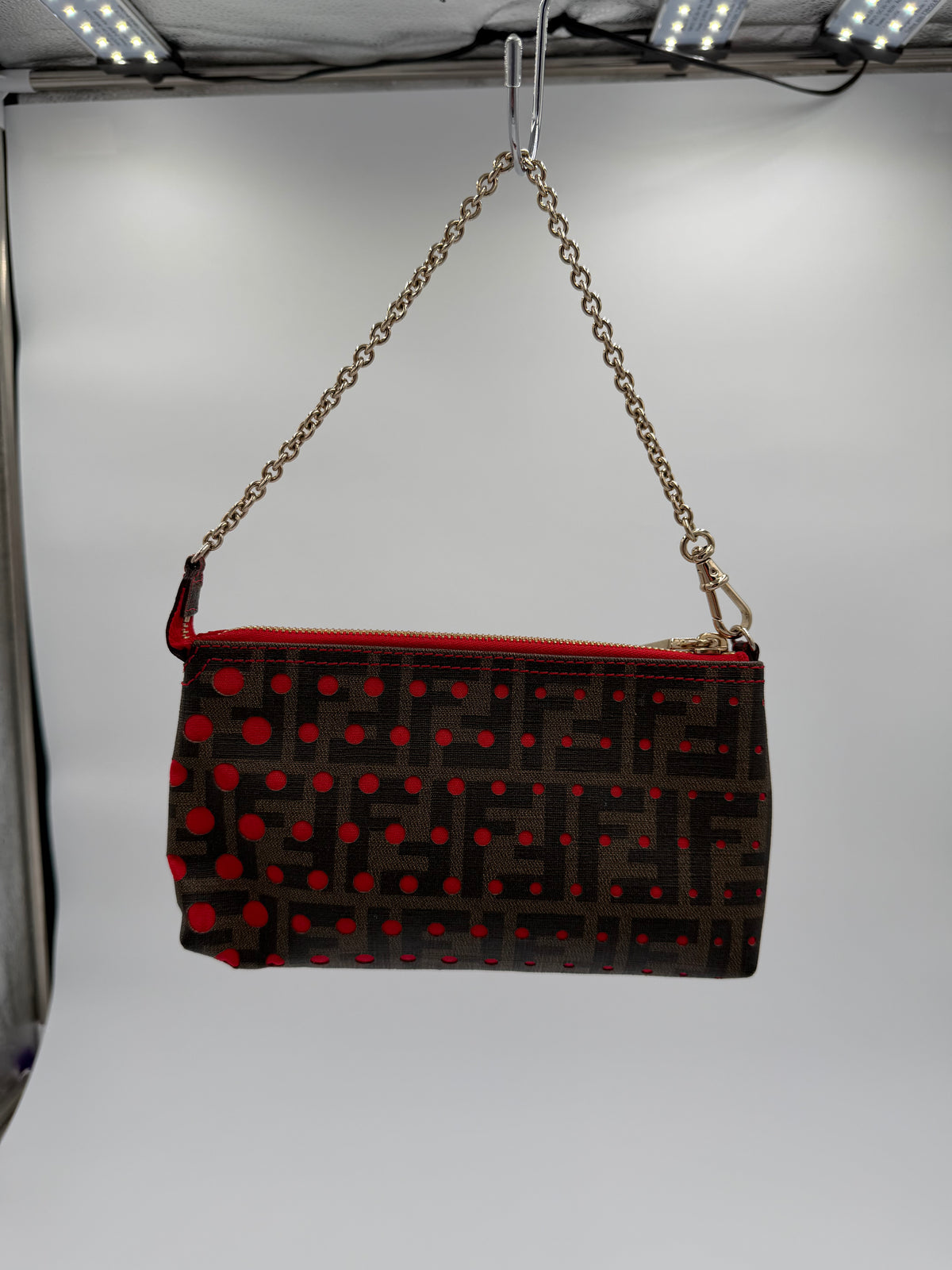 Fendi Zucca Spalmati Red Dot Chain Pochette