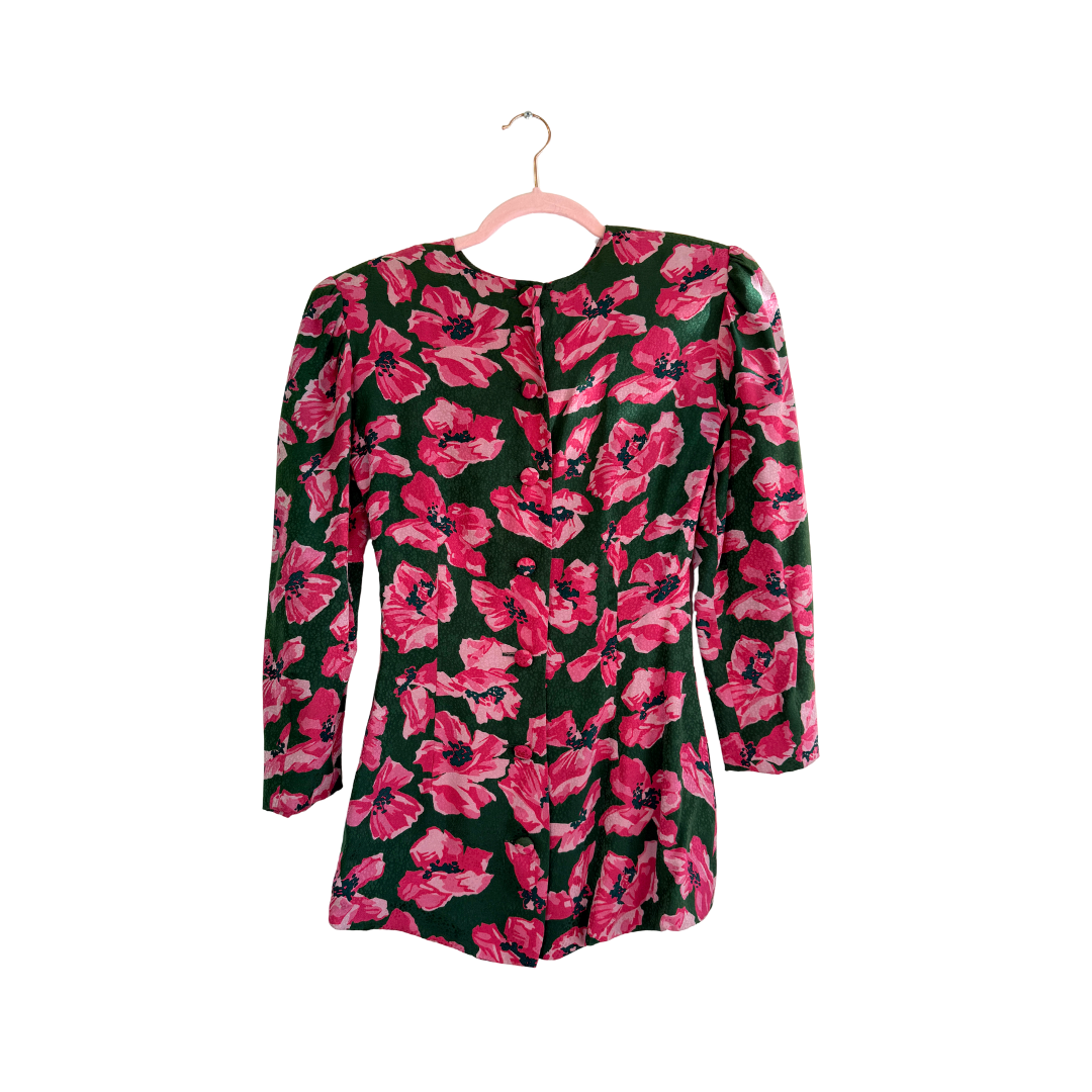 Green Pink Flower Silk Top