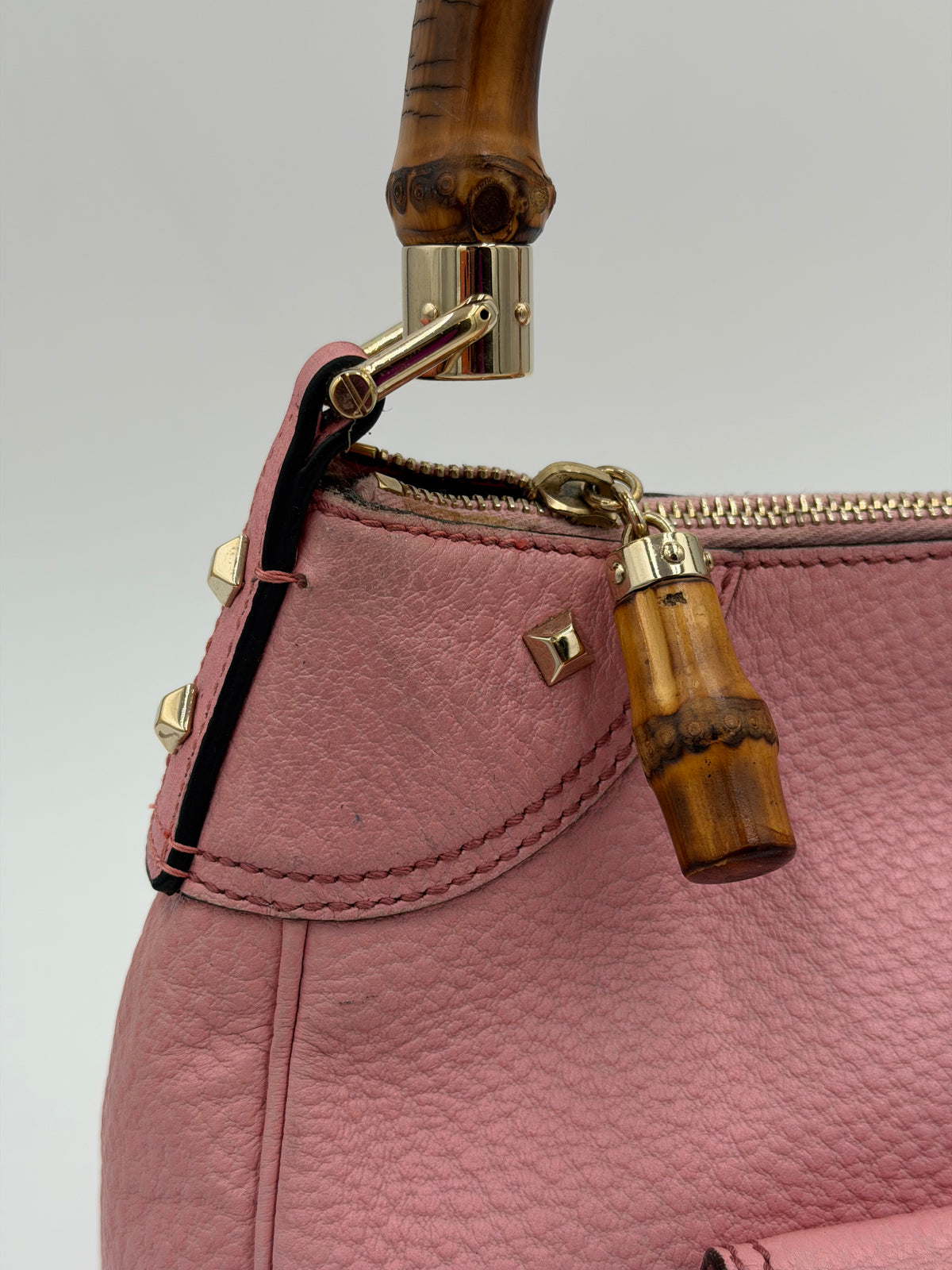 Gucci Pink Leather Bamboo Top Handle Bag