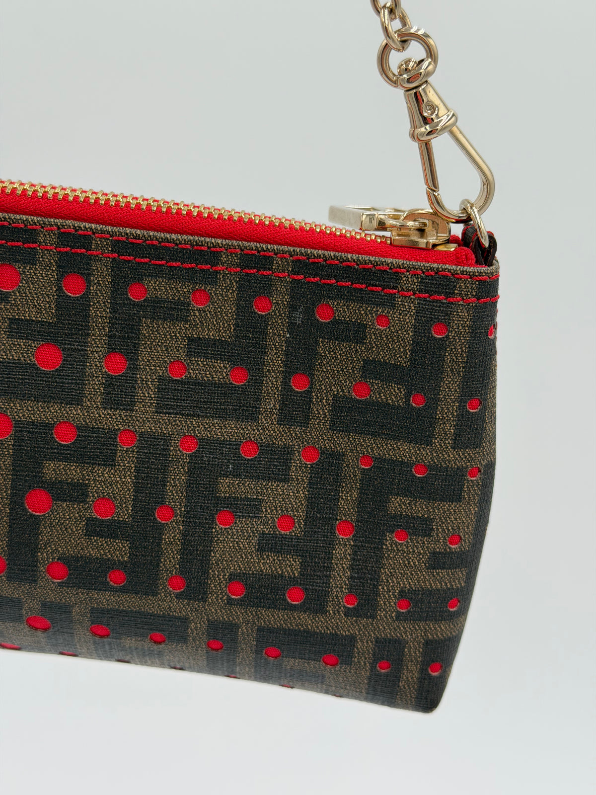 Fendi Zucca Spalmati Red Dot Chain Pochette