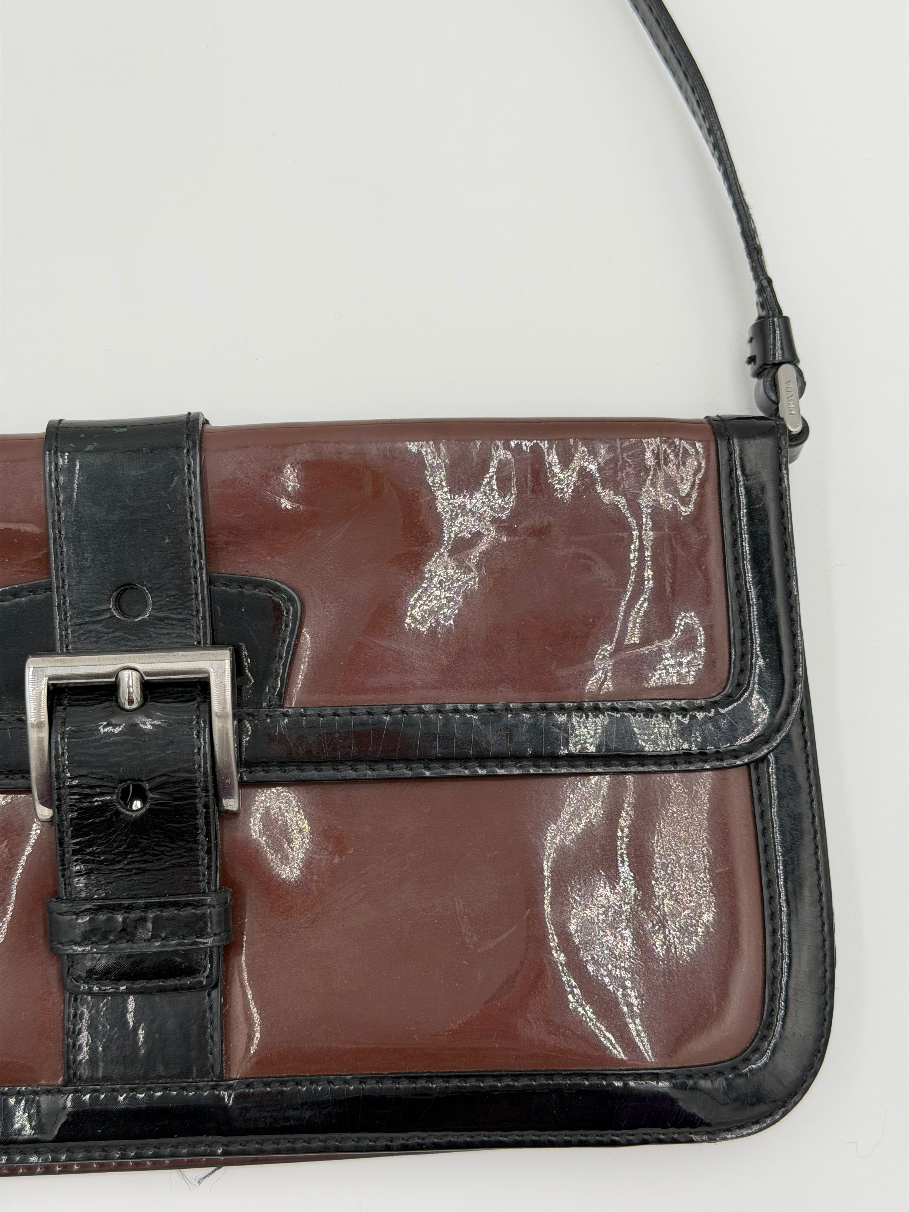 Prada Patent Leather Buckle Flap Baguette