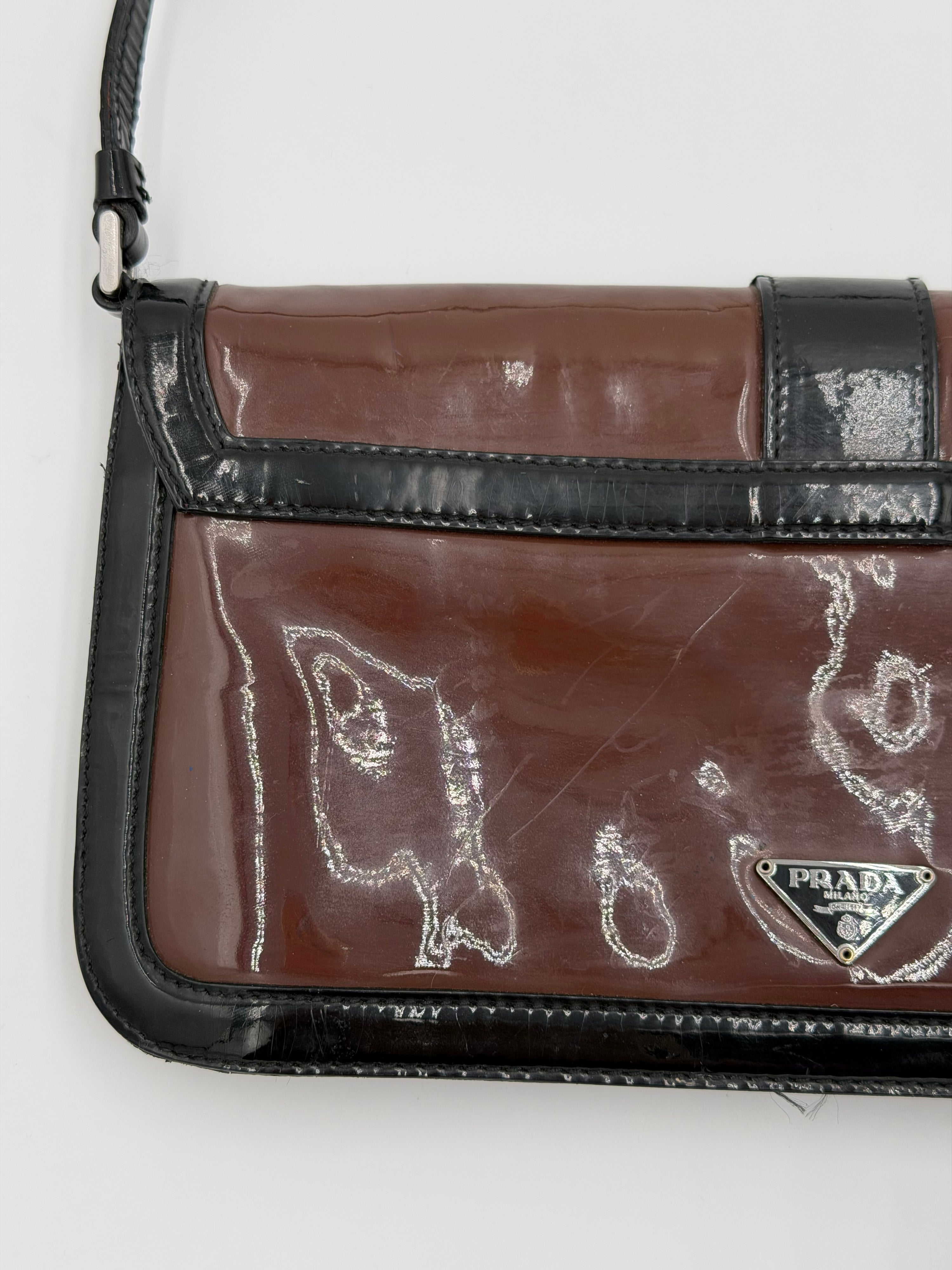 Prada Patent Leather Buckle Flap Baguette